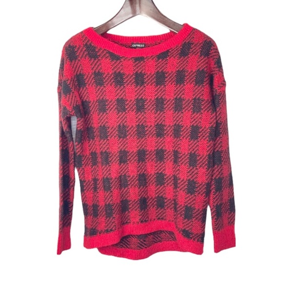 Express•wool mohair blend Buffalo Check Red Plaid Checker Sweater medium - Picture 2 of 7
